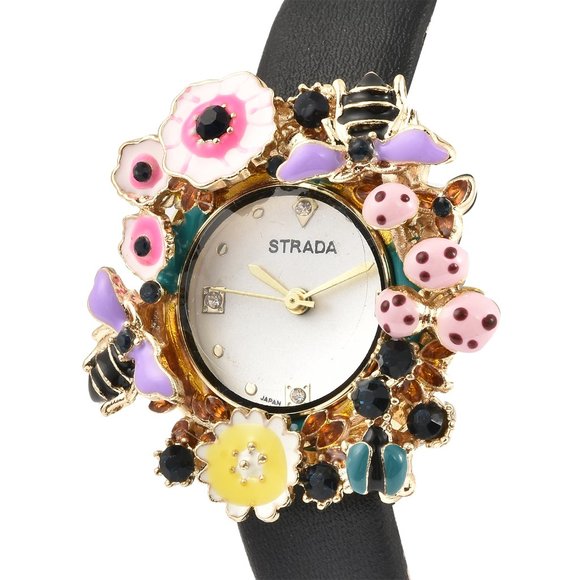 STRADA White & Blue Austrian Crystal Flora & Fauna Theme Nature-Inspired Watch - Picture 4 of 6